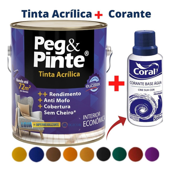 Kit Tinta Acrílica Eucatex 3,6 + Corante Líquido Coral | Parcelamento sem  juros