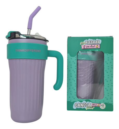 Caneca Copo Térmico 860ml Aço Inox Com Tampa Canudo E Alça Cor Verde Roxo Liso