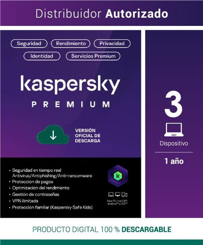 Kaspersky Premium + Customer Support 3 Usuarios 1 Año