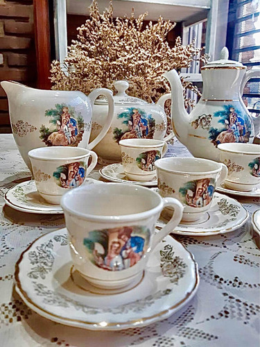 Antigua Loza Escena Galante Juego Tetera Cafetera Tazas
