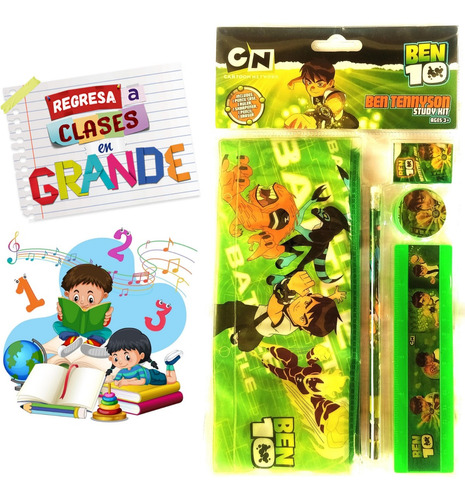 Set Escolar Cartuchera Sacapuntas Lápiz Regla Borra De Niño