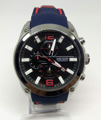 Reloj de pulsera deportivo casual M2063g-2 de Megir con cuerpo plateado, para hombre, fondo, ver imágenes, color azul, color del bisel, ver fotos