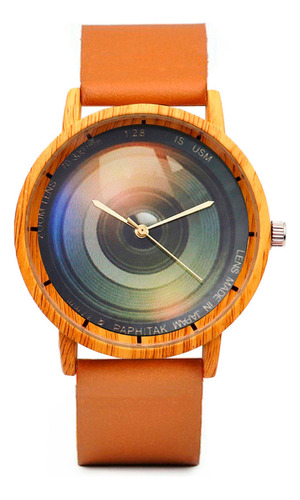 Reloj Lente Camara Tono Madera Unisex + Estuche