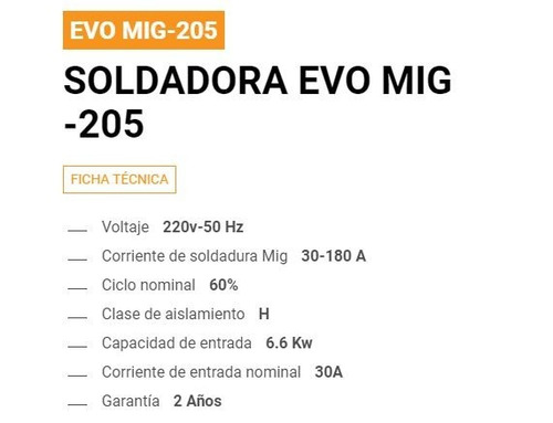 Soldadora inverter Lüsqtoff EVO MIG-205 naranja 50Hz 220V