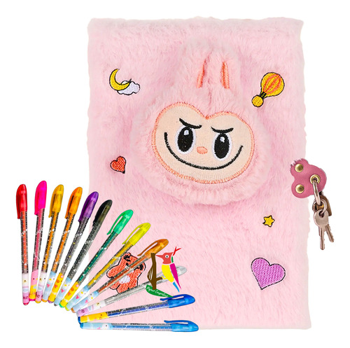 Diario Intimo Peluche + Lapiceras Glitter Candado Y Llaves Rosa Claro Fluffy 2025