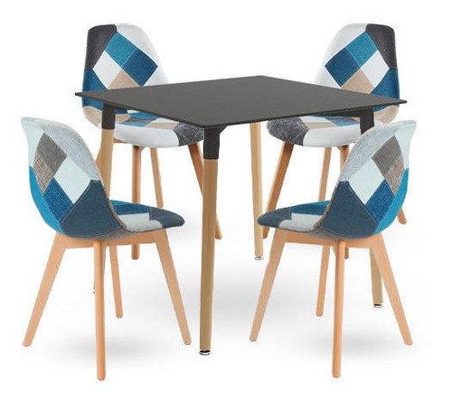 Comedor Mesa Cuadrada Negra 80cm + 4 Sillas Patchwork Wood C