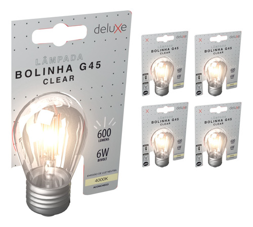 Kit 5 Lampadas Led Bolinha G45 Clear 6w 4000k Branco Neutro E27 127/220V Ip20 Cod: 353230875-5 Deluxe By Avant
