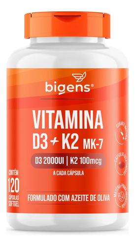 Vitamina D3 2000ui + K2 Mk-7 100 mcg, formulada con aceite de oliva, 120 cápsulas, Biogens