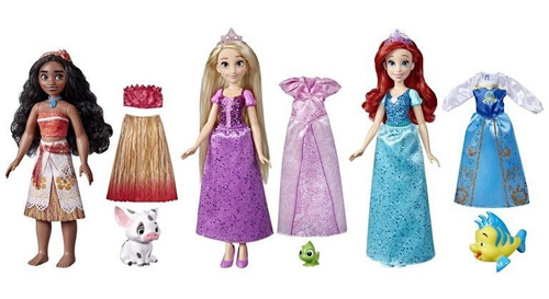 Set De Princesa Moana Ariel Y Rapunzel Con Mascota Y Vestido