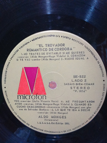 Disco Vinilo. Aldo Monges. El Trovador Romántico De Córdoba (Usado)