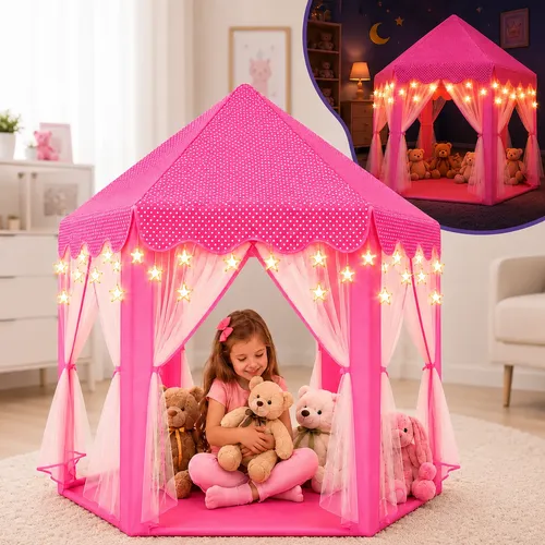 Barraca Infantil Tenda Iluminada  Cabana Rosa  Castelo Menina