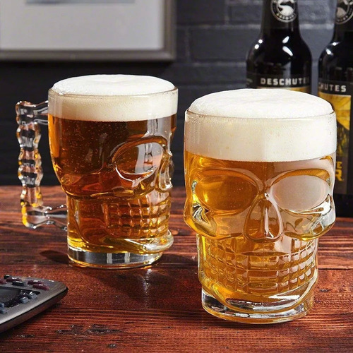 Imagen 3 de 6 de Juego De 2 Tarros Cerveceros Vidrio Cráneo Calavera 500 Ml