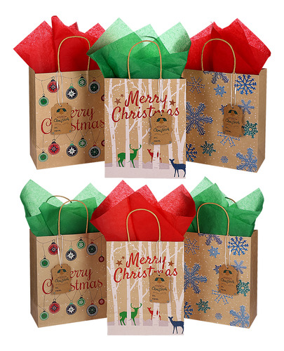 6 Bolsas De Papel Kraft Navideñas Con Estampados Variados