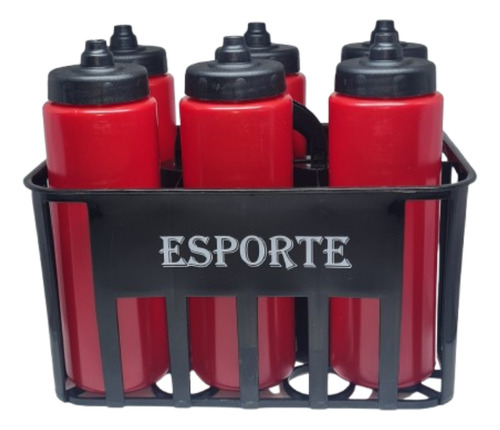Kit Cesta Porta Garrafas + 06 Squeeze Automatica - Vermelho