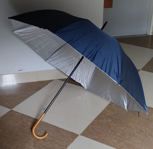 Paraguas Largo Grande Xl Reforz Mango Simil Madera Ergonomic Azul Liso