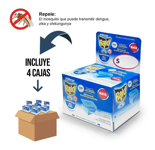 4 Cajas Insecticida Raid Laminitas Mosquitos C/108 Repuestos