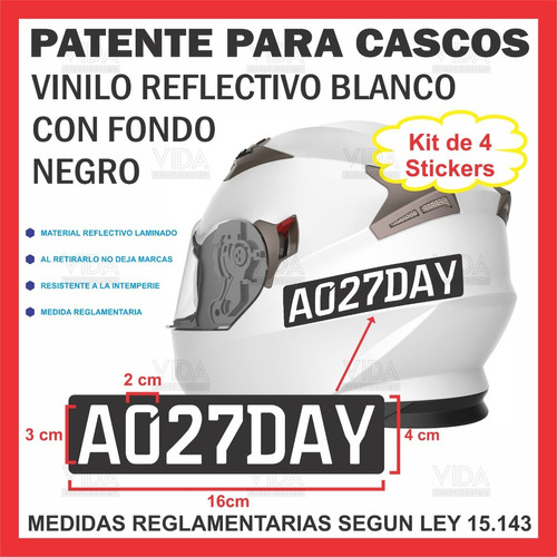 Patente Calco Vinilo Casco Moto Reflectivo Ley Kit X 4