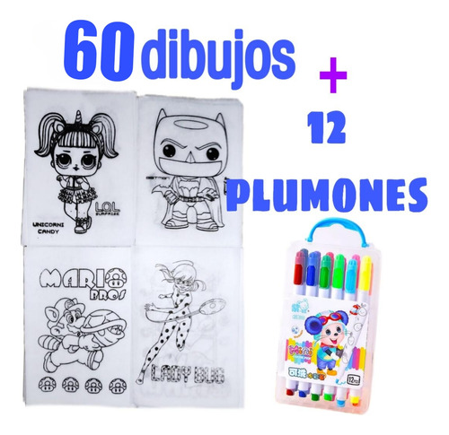 60 Dibujos De Pellon Chico Y 12 Plumones Para Colorear 