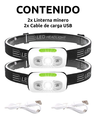 Imagen 8 de 10 de Set X 2 Linterna Minero Vincha Luz Led Sensor Recargable Usb