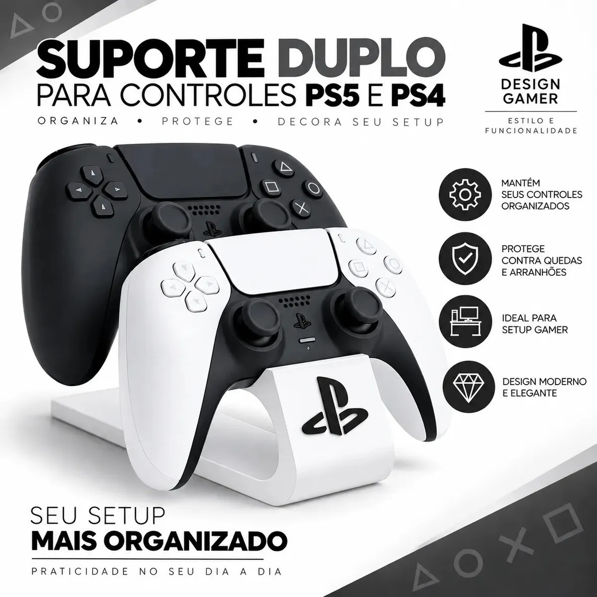 Suporte Duplo Para Controles PS5 PS4 Gamer Organizador Controle Playstation 5 4 Dualsense Dualshock Suporte De Mesa Porta Controle Acessório Para Setup Gamer PC Console Branco