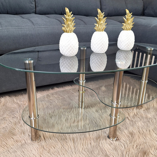Mesa Ratona Moderna Vidrio Templado Con Estante Patas Acero