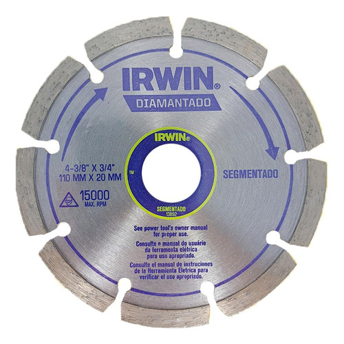 Disco Diamantado Irwin Segmentado 110mm X 20mm - 13892 - Kit