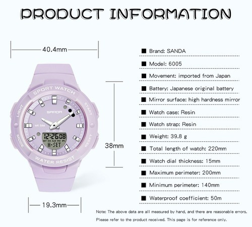 Reloj Sanda 6005, calendario luminoso resistente al agua