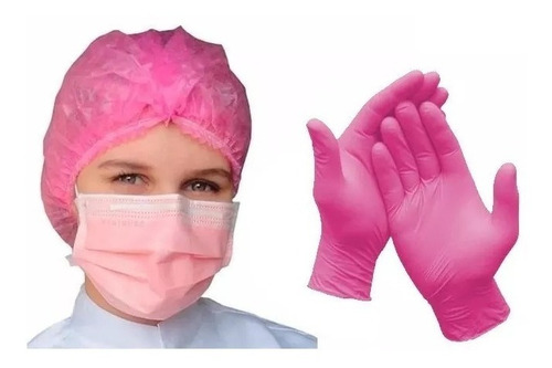 Kit Com Touca, Luva E Máscara Descartável Rosa
