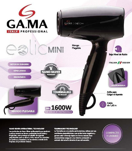 Secador Pelo Gama Eolic Travel Para Viaje Plegable Boquilla Potente Y Silencioso Garantia Cabello Suave Y Brillo (104)