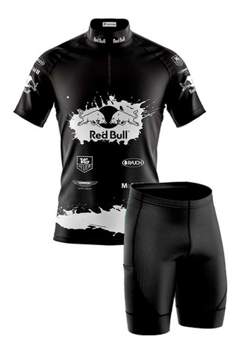 Conjunto Camisa E Bermuda Ciclismo Redbull Preto E Branca