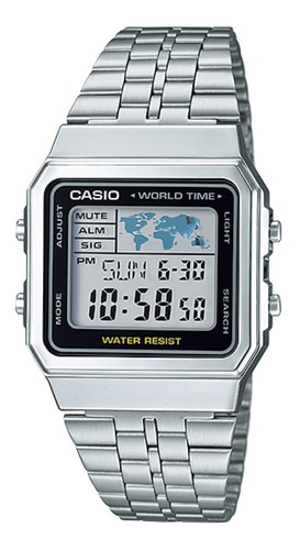 Reloj de pulsera Casio Vintage A500WGA-9DF de cuerpo color plateado, digital, fondo blanco y negro, con correa de acero inoxidable color plateado, dial negro, minutero/segundero negro, bisel color plateado, luz ámbar y hebilla de gancho