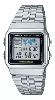 Reloj pulsera Casio Vintage A500WGA-9DF de cuerpo color plateado, digital, fondo blanco y negro, con correa de acero inoxidable color plateado, dial negro, minutero/segundero negro, bisel color platea