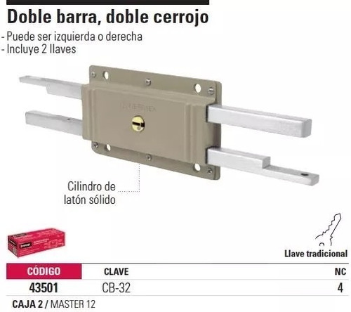 Cerradura Barra Doble Doble Cerrojo Hermex 43501