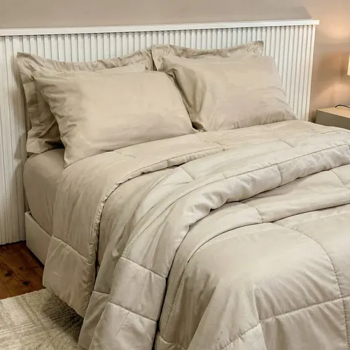 Edredom Casal Kit 6 Peças + Jogo De Lençol Queen Padrão Cor Bege Desenho Do Tecido Liso