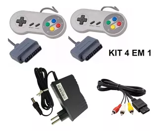 Kit 5 Em 1 Super Nintendo Snes 2 Controles 2 Cabo Av1 Fonte