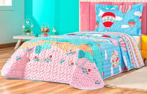 Kit Cobre Leito Infantil Menina Balão Estampado Dupla Face Tecido  Microfibra + Jogo de Cama - 5 Peças