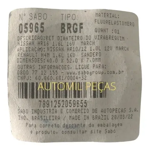 Retentor Virabrequim Versa Kicks March 1.6 16v Original Sabo