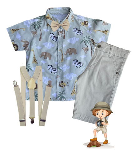 Conjunto Roupa Infantil Camisa Temática Bermuda Grav. Susp.