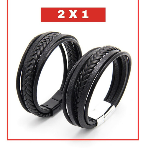 2x1 Promoción, Pulsera De Hombre Cuero Genuino Premium Negro