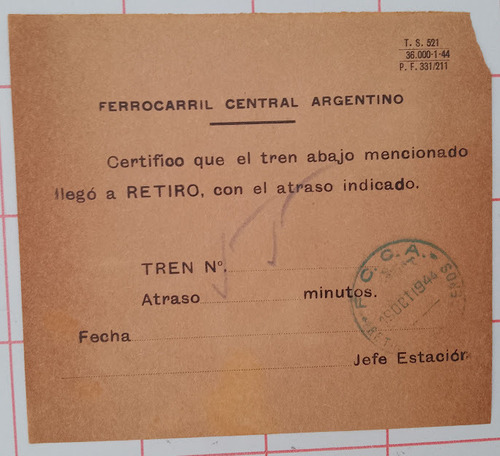 Antiguo Certificado De Ferrocarril Central Argentino 1944