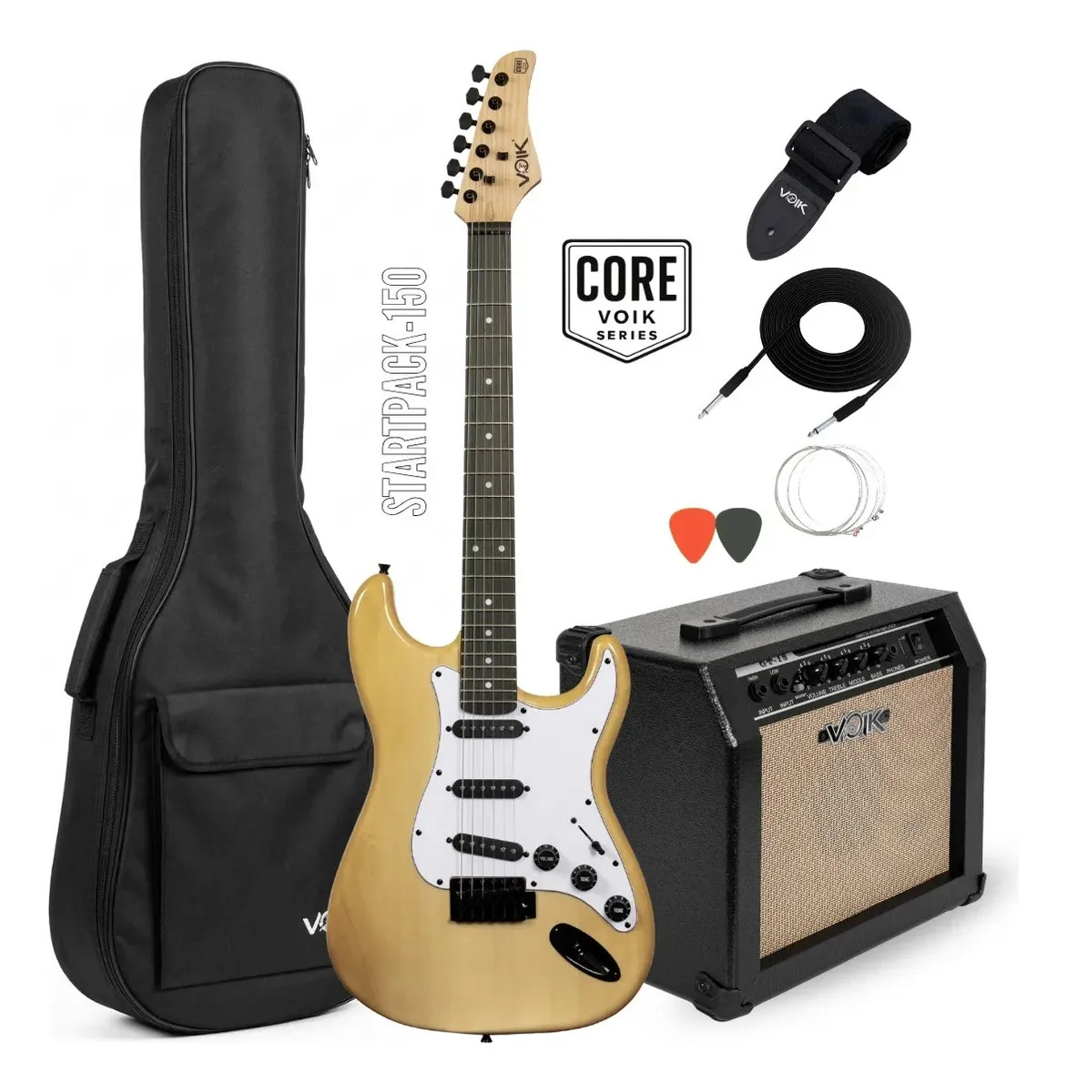Kit Guitarra Elétrica Voik Startpack-150 Natural Poplar 22 Trastes Core Series Com Amplificador 220v + Capa + Correia + Cabo + Corda + Palheta Kit Completo
