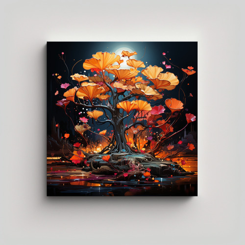 80x80cm Cuadro Árbol Bonsái Ginkgo Biloba En Colores Rojo 