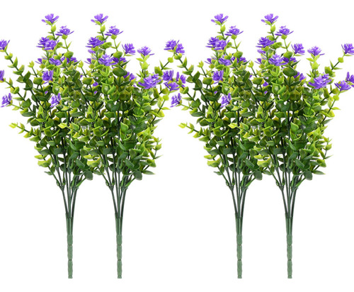 4 Plantas Artificiales, Arbustos Verdes, Flores Moradas