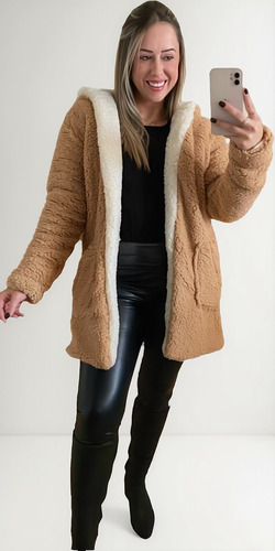 Casaco Teddy Pelúcia Dupla Face Inverno Feminino Com Capuz