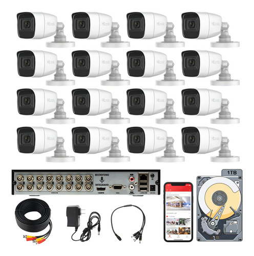 Kit Circuito Cerrado Hilook Dvr 16 Canales 16 Cámaras 1080p 2mp Full Hd Audio Integrado Thc-b120-ps Cable Coaxial 18mts con Disco Duro 1tb