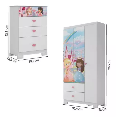 Quarto Infantil Completo Pérola Roupeiro e Cômoda 4 Gavetas Rose - CasaTema