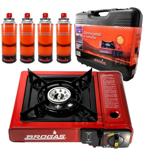 Anafe Camping Gas Butano Portatil Brogas + Pack 4 Cartuchos