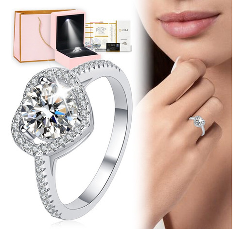 Anillo Compromiso Promesa Boda Corazón Plata Moissanita 1ct
