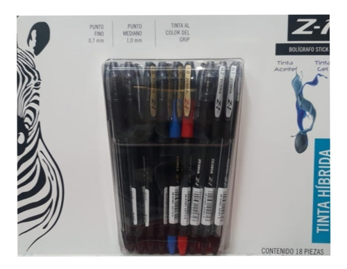 Bolígrafo Zebra Híbrida Z-1 Punto Medio Con 18 Piezas