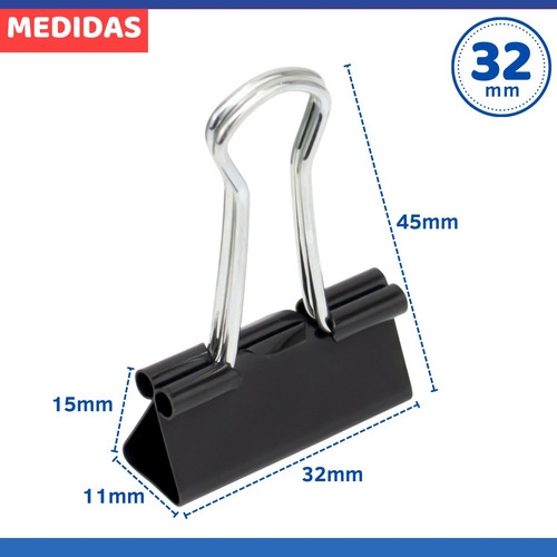 Prendedor De Papel Binder Clip 32 Mm Caixa Com 24 Unidades Cor Preto